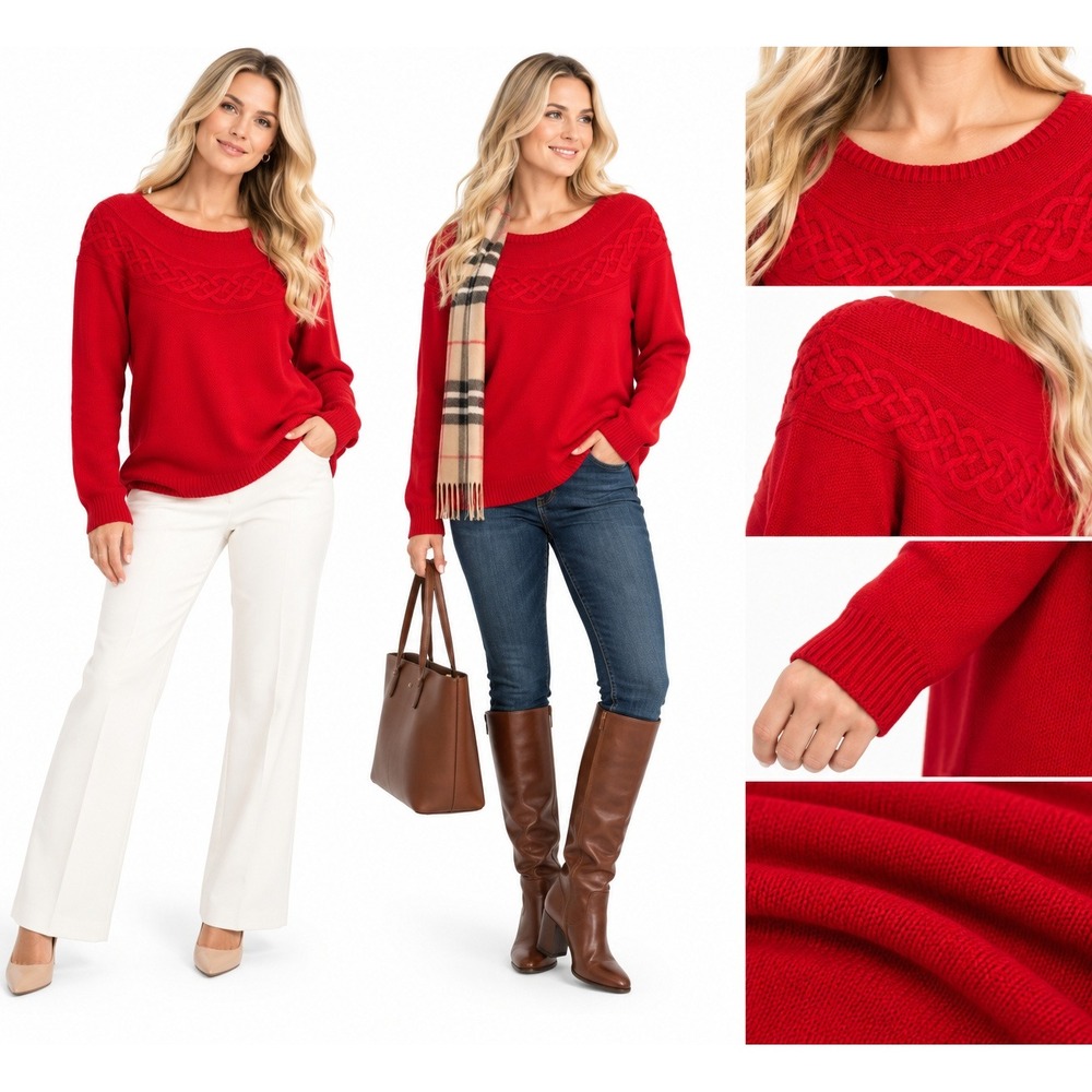 Talbots 3X Sweater Red Cotton Cashmere Cable Knit Yoke Holiday Christmas Preppy